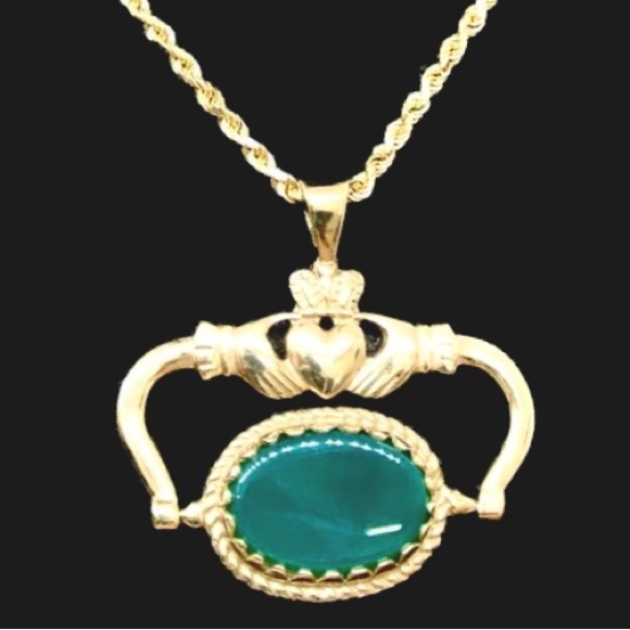 14K YELLOW GOLD GREEN & BLACK ONYX IRISH CLADDAGH PENDANT w/ 14K Gold ROPE CHAIN - Picture 11 of 11
